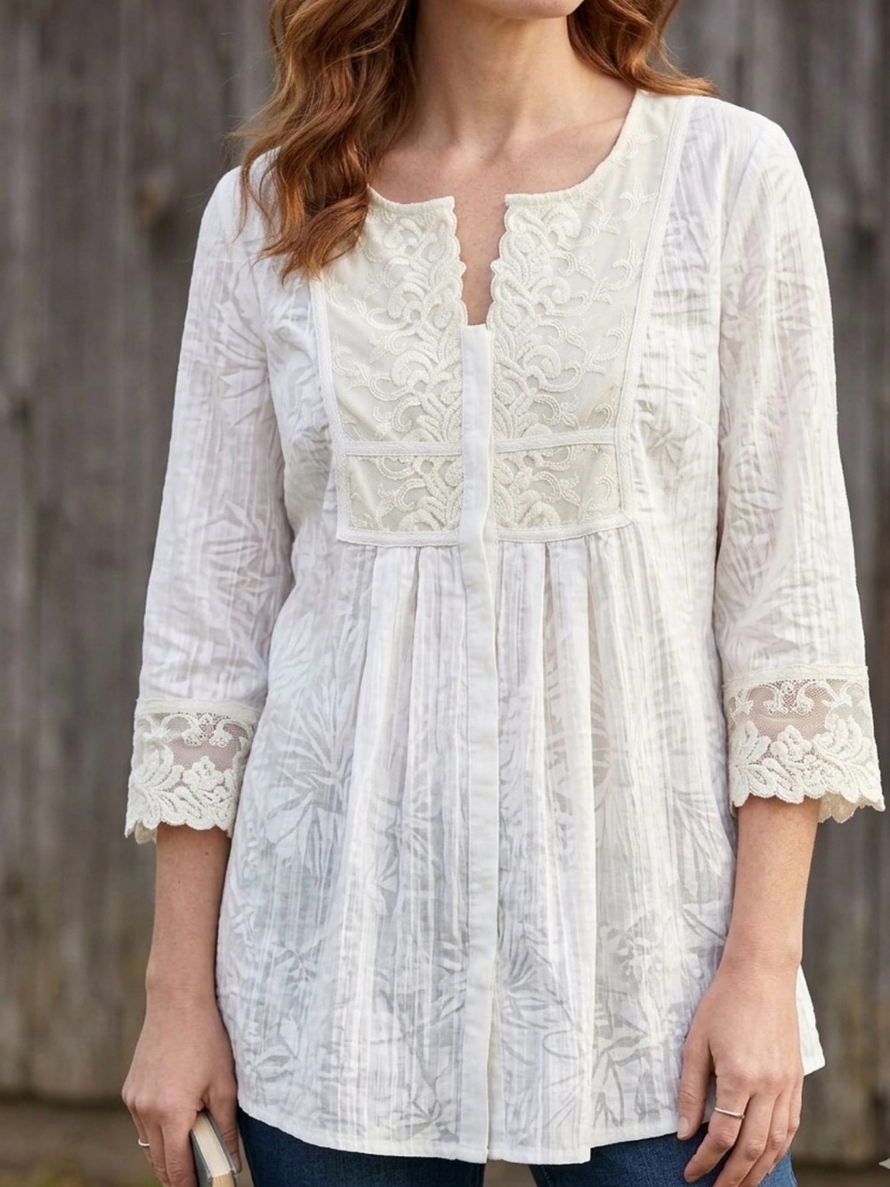 Coldwater Creek Cream Lace-Detail Peasant Tunic